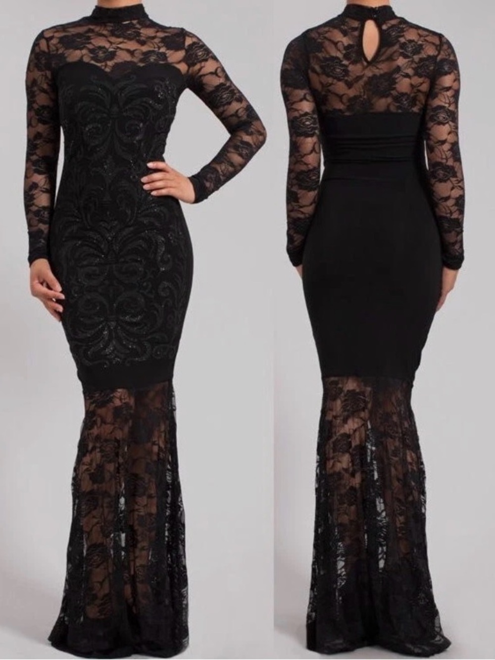 Symphony Sexy Black Lace Sparkling Bodycon Mermaid Maxi Dress Gown L